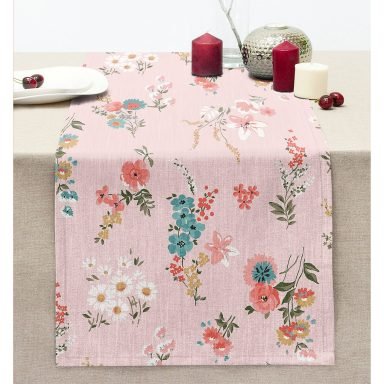 Pembe Zeminli Çiçek Desenli Modern Dikişli Şönil Runner