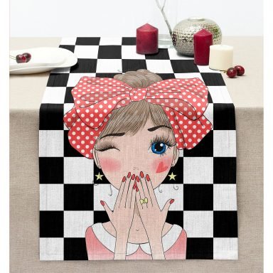 Damalı Fashion Girl Dijital Baskılı Modern Dikişli Şönil Runner