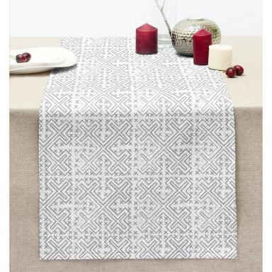 Gri Geometrik Desenli Dijital Baskılı Dekoratif Dikişli Şönil Runner