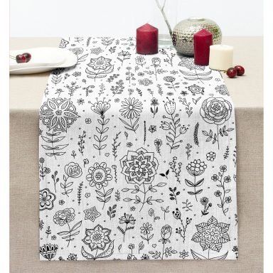 Modern Çiçek Motifli Dijital Baskılı Dekoratif Dikişli Şönil Runner