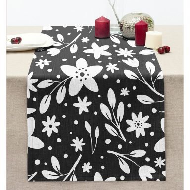 Füme Zeminli Çiçek Desenli Dijital Baskılı Modern Dikişli Şönil Runner