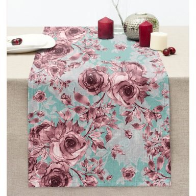 Mavi Zeminde Pembe Güller Motifli Dekoratif Dikişli Şönil Runner