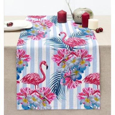 Çizgili Flamingo Zeminli Dekoratif Dikişli Şönil Runner