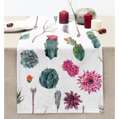 Kuş Tüyü Motifli Çöl Bitkisi Desenli Modern Dijital Baskılı Dikişli Şönil Runner