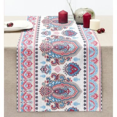 Kırmızı Mavi Çini Motifli Modern Dijital Baskılı Dikişli Şönil Runner