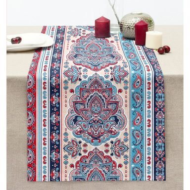 Kırmızı Mavi Çini Desenli Modern Dijital Baskılı Dikişli Şönil Runner