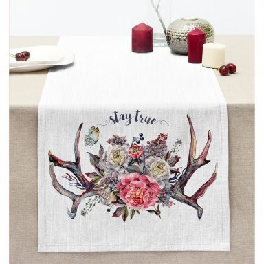 Stay True Motifli Kanaviçe Desenli Dijital Baskılı Dikişli Şönil Runner