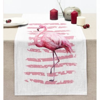 Pudra Çizgi Desenli Flamingo Dijital Baskılı Dekoratif Dikişli Şönil Runner