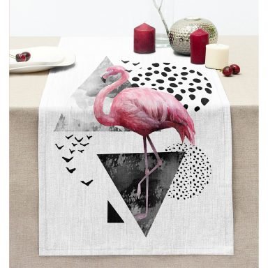 Martı Desenli Flamingo Temalı Dijital Baskılı Dikişli Şönil Runner