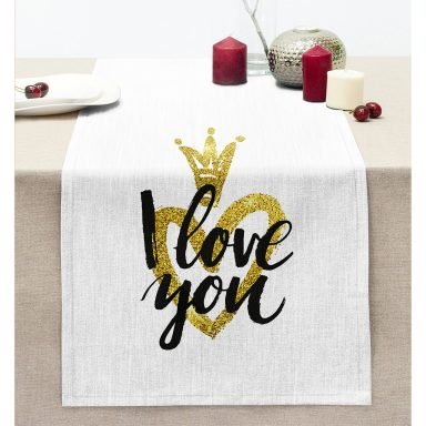 I Love You Motifli Dijital Baskılı Dikişli Şönil Runner