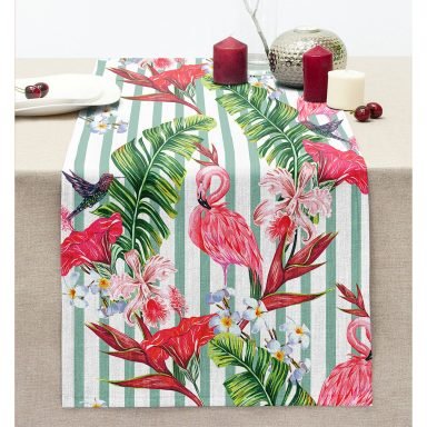 Flamingo Motifli Şerit Desenli Dekoratif Dikişli Şönil Runner