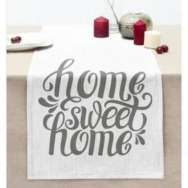 Gri Home Sweet Home Modern Dijital Baskılı Dikişli Şönil Runner