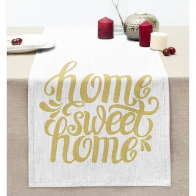 Hardal Renk Home Sweet Home Dijital Baskılı Dikişli Şönil Runner