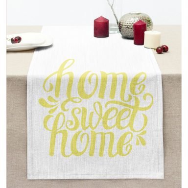 Sarı Home Sweet Home Dekoratif Dikişli Şönil Runner
