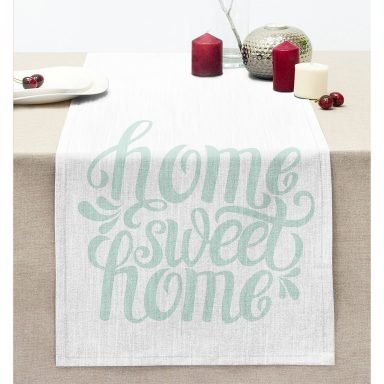 Bulut Mavi Home Sweet Home Dekoratif Dikişli Şönil Runner