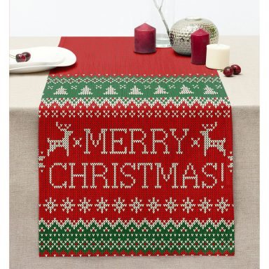 Merry Christmas Motifli Dijital Baskılı Dikişli Şönil Runner