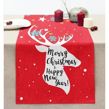 Merry Christmas Geyik Desenli Dekoratif Dikişli Şönil Runner
