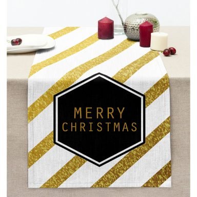 Altın Şeritli Merry Christmas Desenli Dekoratif Dikişli Şönil Runner