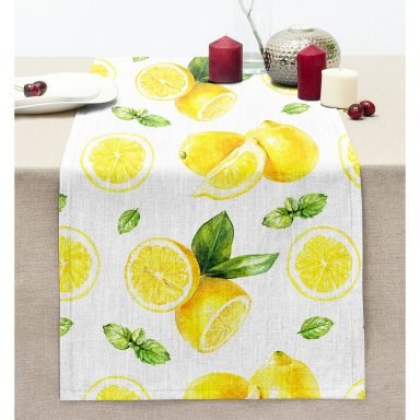Beyaz Zeminde Limonlar Desenli Dijital Baskılı Dikişli Şönil Runner