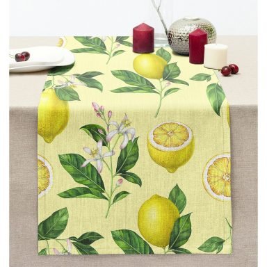 Krem Zeminli Limon Desenli Dekoratif Dikişli Şönil Runner