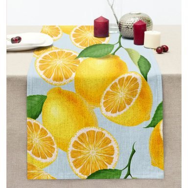 Mavi Zeminli Limon Desenli Dekoratif Dikişli Şönil Runner
