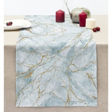 Altın Çizgili Mavi Zeminli Dijital Baskılı Dikişli Şönil Runner