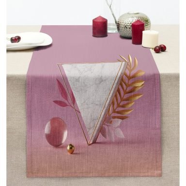 Pembe Zeminli Üçgen Mermer Motifli Modern Dikişli Şönil Runner