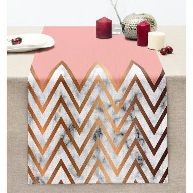 Gold ve Pembe Renkli Mermer Desenli Modern Dikişli Şönil Runner