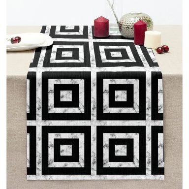 Mermer Zeminli Siyah Geometrik Desenli Modern Dikişli Şönil Runner