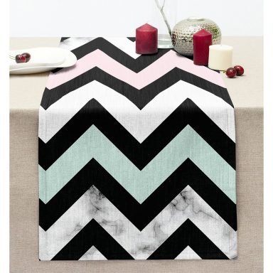 Siyah Zigzag Motifli Mermer Zeminli Dikişli Şönil Runner