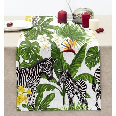 Pudra Zeminli Egzotik Zebra Tasarımlı Modern Dikişli Şönil Runner