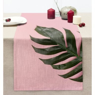 Pembe Zeminde Yaprak Modern Tasarımlı Dekoratif Dikişli Şönil Runner