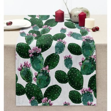 Kaktüs Desenli Watercolor Renkli Modern Dikişli Şönil Runner