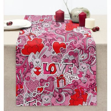 Pembe Zeminli Love You Temalı Modern Dikişli Şönil Runner