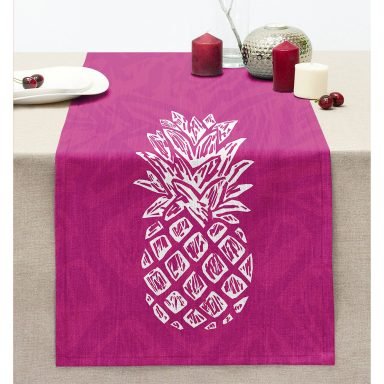 Fuşya Zeminde Ananas Desenli Modern Tasarım Dikişli Şönil Runner