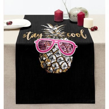 Siyah Zeminde Cool Ananas Desenli Modern Dikişli Şönil Runner