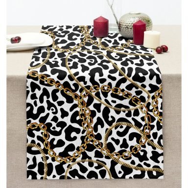 Leopar Desenli Altın Detaylı Özel Tasarım Modern Dikişli Şönil Runner