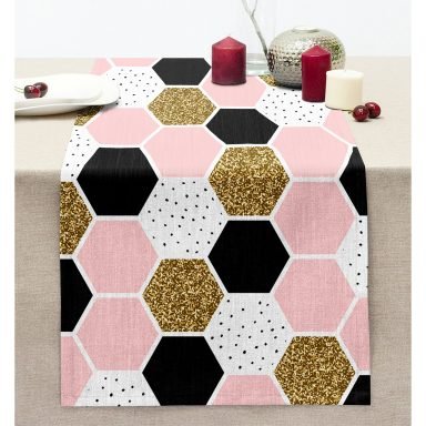 Geometrik Petek Desenli Altın Detaylı Modern Dikişli Şönil Runner