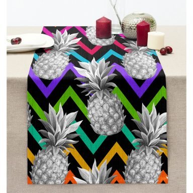 Siyah Zikzak Temalı Ananas Desenli Modern Dikişli Şönil Runner