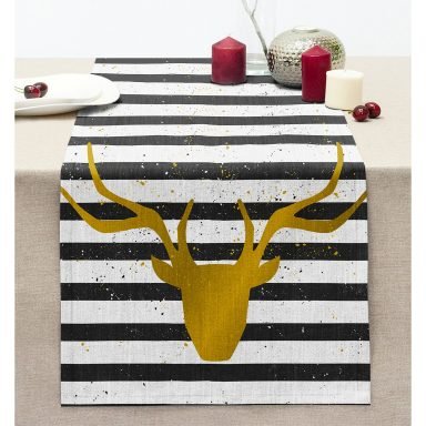 Çizgili Gold Geyik Desenli Modern Dikişli Şönil Runner