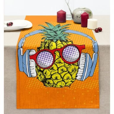 Turuncu Zeminde Summer Ananas Tasarımlı Dikişli Şönil Runner