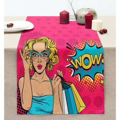 Pembe Pop Art Wow Tasarımlı Dekoratif Dikişli Şönil Runner