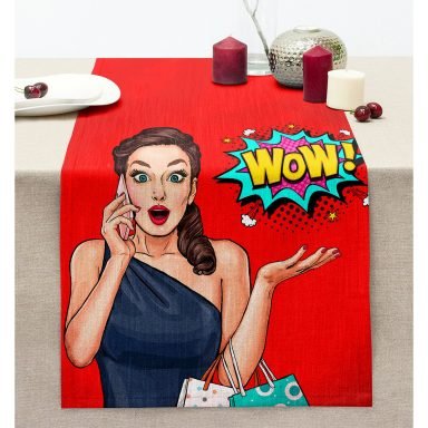 Kırmızı Zeminli Popart Wow Desenli Modern Dikişli Şönil Runner