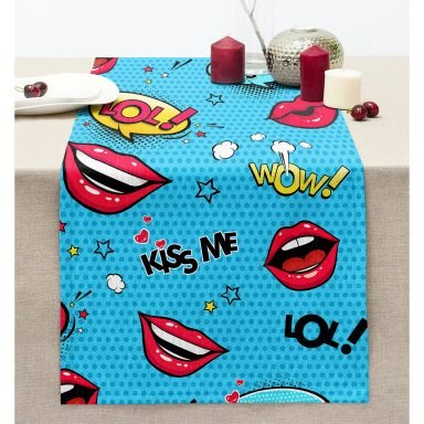Popart Desenli Özel Tasarımlı Dijital Baskılı Modern Dikişli Şönil Runner