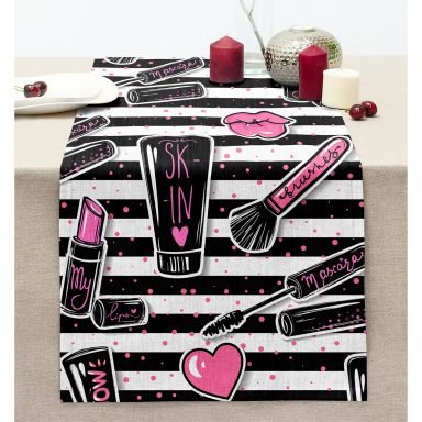 Realhomes Siyah Çizgili Popart Makeup Desenli Modern Dikişli Şönil Runner