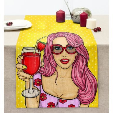 Sarı Zeminli Popart Girl Desenli Dekoratif Dikişli Şönil Runner