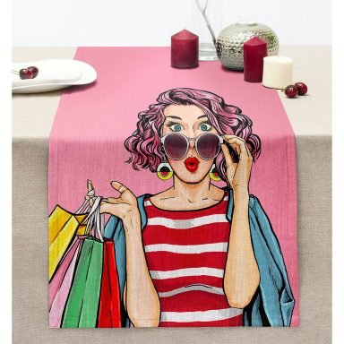 Pembe Zeminli Popart Desenli Dekoratif Dikişli Şönil Runner
