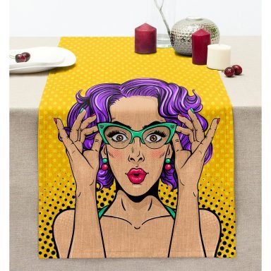 Sarı Puanlı Popart Desenli Dekoratif Dikişli Şönil Runner