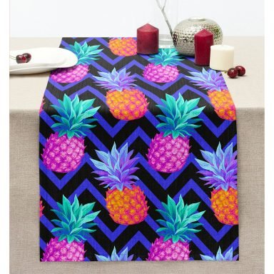 Mavi Zikzak Zeminli Ananas Desenli Dekoratif Dikişli Şönil Runner
