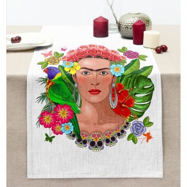 Özel Tasarım Frida Kahlo Tasarımlı Dekoratif Dikişli Şönil Runner